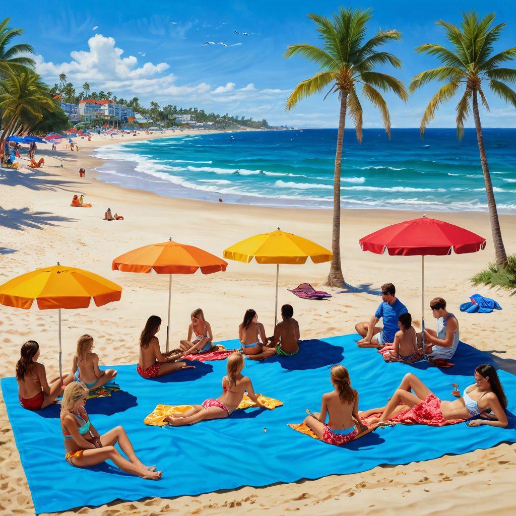 A picturesque coastal scene featuring a sunbather lounging on a colorful beach towel, surrounded by vibrant beach umbrellas and children happily building sandcastles. The sun is shining brightly in a clear blue sky, with gentle waves lapping at the shore. In the background, a glimpse of distant palm trees adds to the tropical vibe. super-realistic. vibrant colors. beach ambiance.