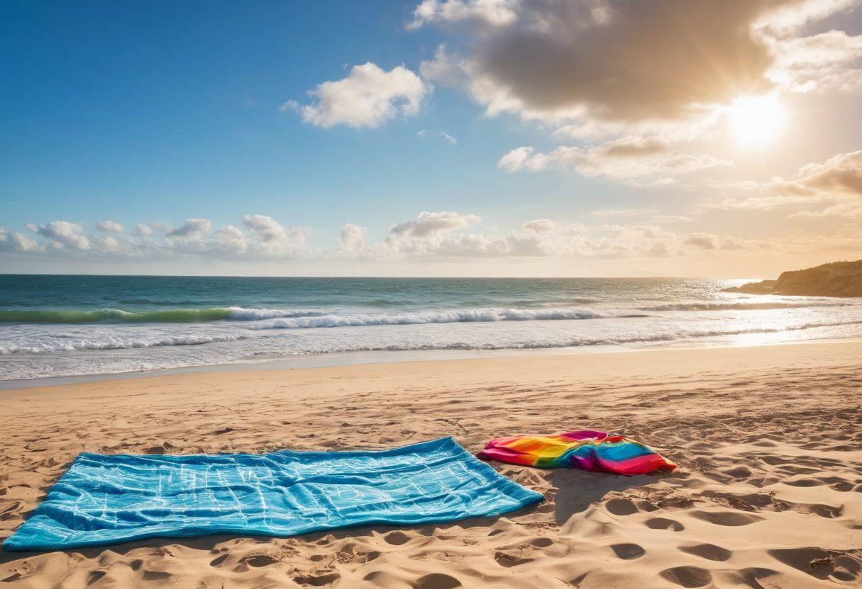 A serene beach scene with golden sunlight shining over soft, white sand. A colorful beach umbrella and a bright beach towel lay invitingly on the sand, surrounded by joyful people engaging in fun activities like playing beach volleyball and building sandcastles. A tranquil ocean waves gently crashing in the background, and a clear blue sky filled with fluffy clouds. The overall ambiance radiates warmth and happiness. super-realistic. vibrant colors. dreamy atmosphere.