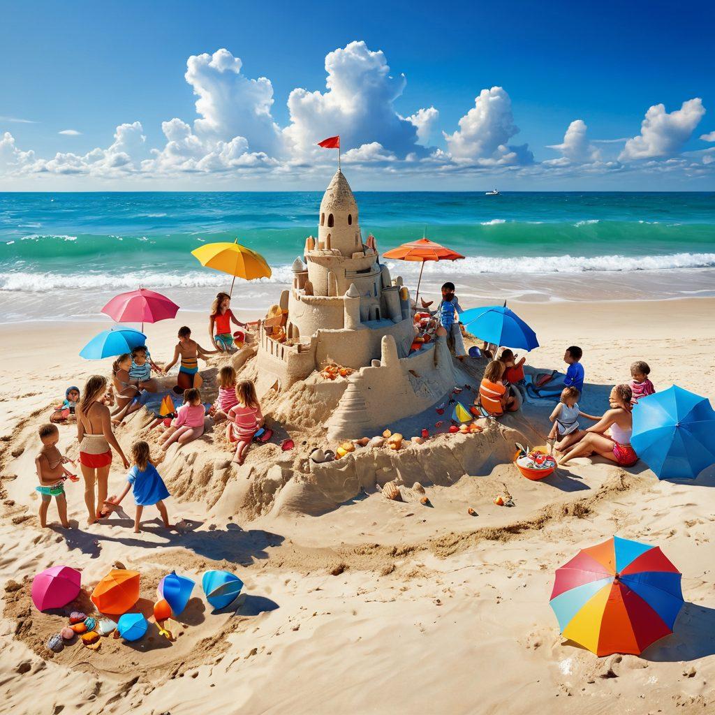 A cheerful family building a sandcastle on a sunny beach, with children laughing and splashing water around. Bright colorful beach umbrellas and seashells scattered in the foreground, while gentle waves kiss the shore. The sky is clear and blue, with a few fluffy clouds, capturing the essence of a perfect summer day. super-realistic. vibrant colors. 3D.